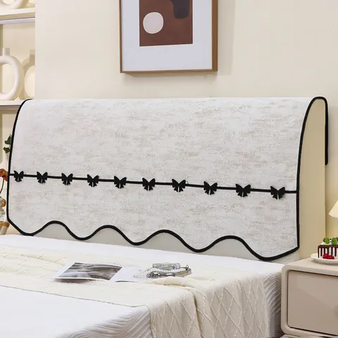 Fundas para Cabecera de Cama de Chenilla A Prueba de Polvo Antideslizante Suave Protector de Cabecera Borde Ondulado Lazo Sólido
