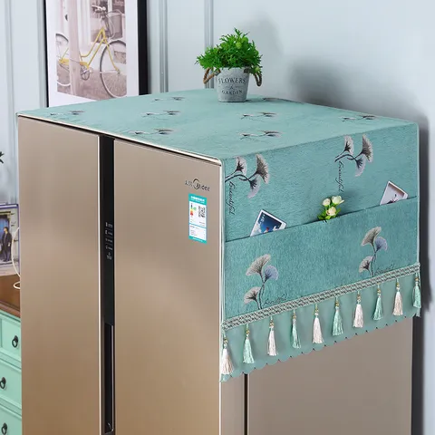 Quilted Refrigerator Dust Cover Cotton Botanical Ginkgo Leaf Print Top Cover with Storage Pockets and Tassel Home Decor
