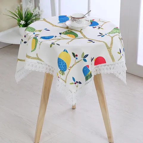 Cotton Fabric Tablecloth Floral Botanical Print With Lace Trim Dust-Proof Decorative Table Cover For Home