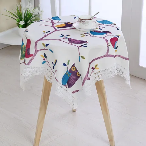 Cotton Fabric Tablecloth Floral Botanical Print With Lace Trim Dust-Proof Decorative Table Cover For Home