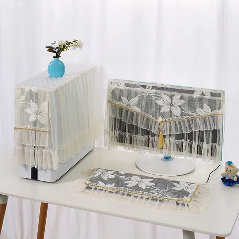 Lace Computer Dust Cover Set Embroidered Monitor Host And Keyboard Protector Minimalist Household Dustproof Cover