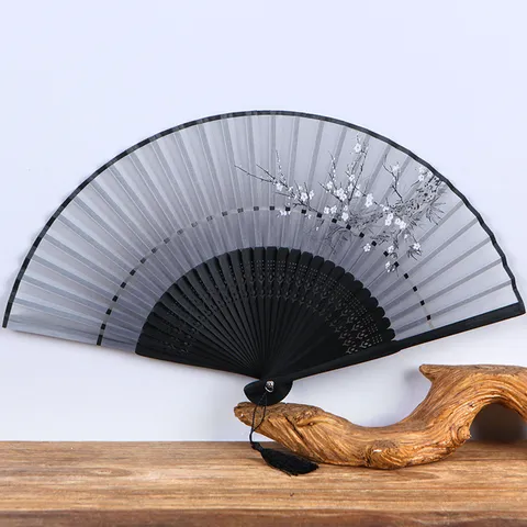 Éventail Pliant en Soie Classique Baleines en Bambou Motif de Fleurs de Prunier Vintage Femme pour Décoration