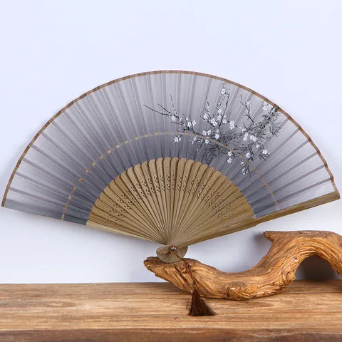 Éventail Pliant en Soie Classique Baleines en Bambou Motif de Fleurs de Prunier Vintage Femme pour Décoration