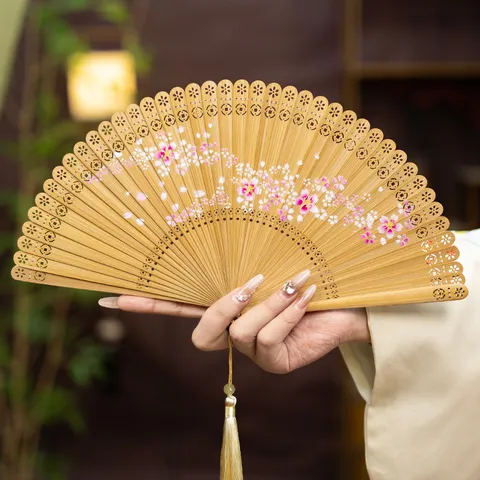 Handmade Chinese Style All Bamboo Folding Fan Carved Hollow Retro Floral Tassel Hand Fan For Women Dancing Daily Decor
