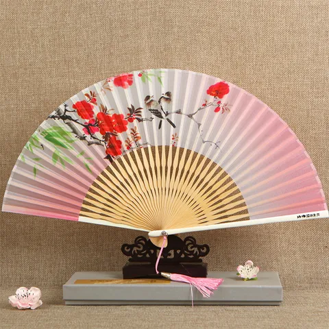 Abanico Plegable de Estilo Chino de Seda y Bambú Abanico de Mano Vintage Flor de Cerezo para Mujeres Decoración del Hogar
