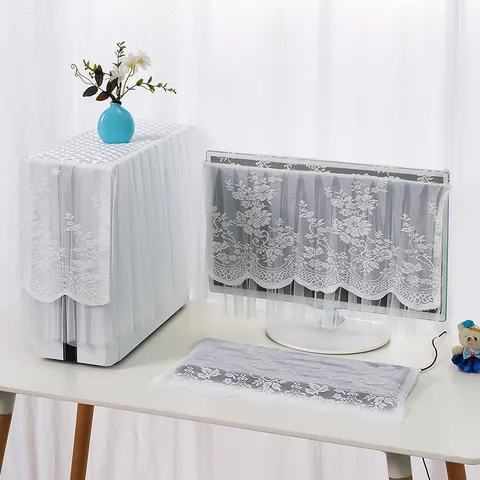 Lace Fabric Computer Dust Cover Set Minimalist Floral Embroidery Monitor Host Keyboard Protector Home Decoration