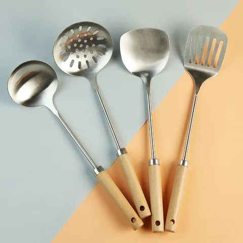 Stainless Steel Cooking Utensils Long Handle Spatula Soup Spoon Colander With Beech Wood Handle Kitchen Cookware Set