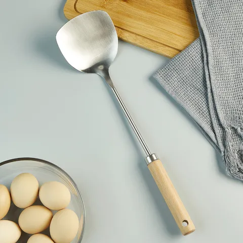 Stainless Steel Cooking Utensils Long Handle Spatula Soup Spoon Colander With Beech Wood Handle Kitchen Cookware Set