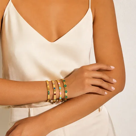 Luxury Stainless Steel Floral Heart Bangle Bracelet Gold Plated Fashion Jewelry For Women