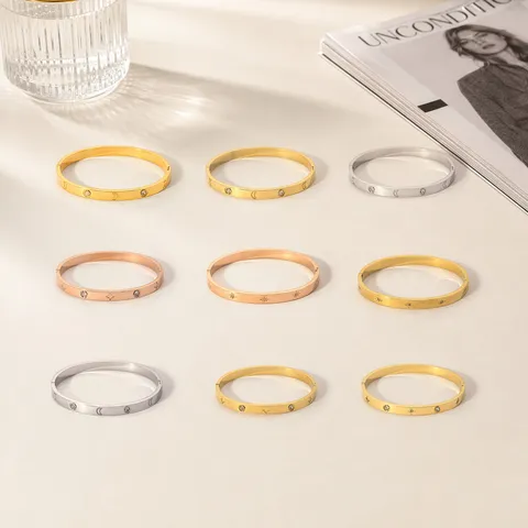 Stainless Steel Zirconia Inlaid Open Bangle Bracelet For Women Gold Silver Plated Geometric Trendy Fashion Jewelry Bangle Gift