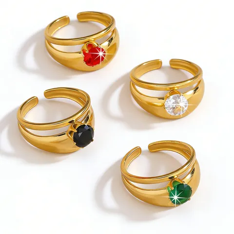 Stainless Steel Open Ring For Women Gold Plated Oval Round Square Teardrop Rhinestone Adjustable Fashion Finger Jewelry