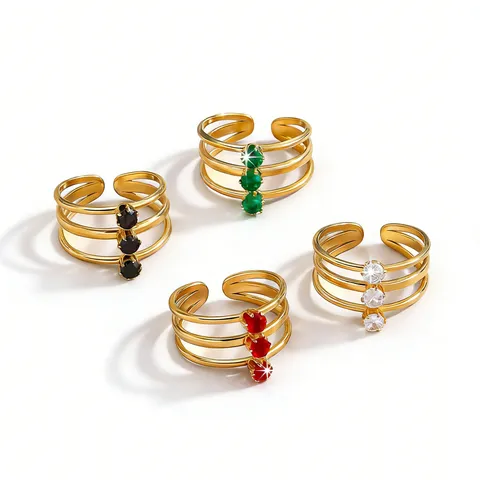 French Vintage Stainless Steel Open Ring For Women Gold Plated Geometric Zirconia Finger Ring Fashion Jewelry