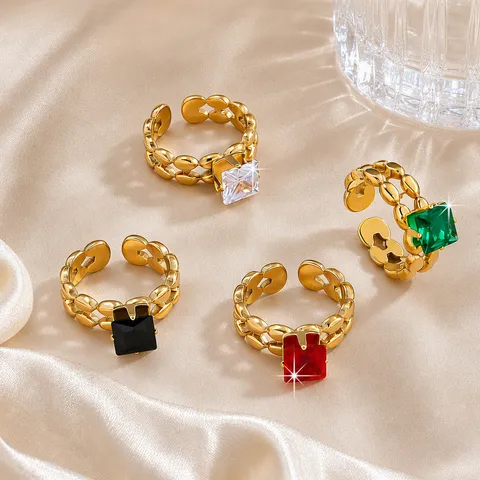 French Vintage Stainless Steel Open Ring For Women Gold Plated Geometric Zirconia Finger Ring Fashion Jewelry