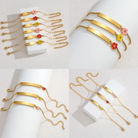 Pulsera De Acero Inoxidable Con Corazón Hueco Y Placa Curva Con Flor De Aceite De Gota Regalo De Joyería De Mano De Moda Para Mujeres
