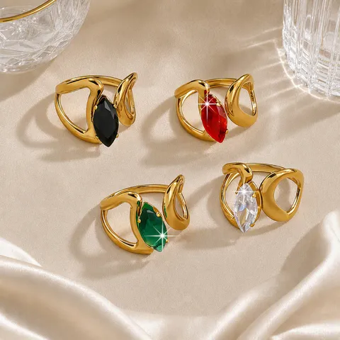 Stainless Steel Open Ring For Women Gold Plated Oval Round Square Teardrop Rhinestone Adjustable Fashion Finger Jewelry
