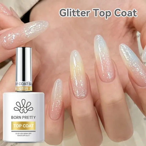 Born Pretty Glitter Top Coat No Wipe High Gloss Gel Nail Polish UV LED Soak Off Sparkling Finish Nail Art Design