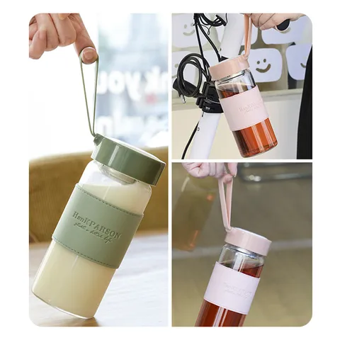 Portable Glass Water Bottle Borosilicate Glass Cup With Protective Leather Sleeve And Handle Leak Proof Drinkware
