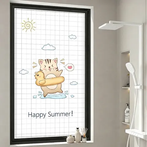 Cartoon Cat Duck Swim Ring Printed Frosted Glass Window Film Static Cling Privacy Protection Sun Shading Window Sticker For Home Bathroom Office