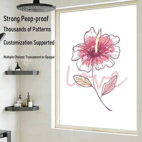 Película de Privacidad para Ventanas Esmerilada Flor de Hibisco Rosa Patrón Love Adherencia Estática Pegatina de Vidrio Opaco para Baño Cocina