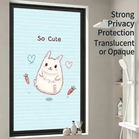 Blue Frosted Window Privacy Film Static Cling Cartoon Rabbit Pattern Glass Sticker For Bathroom Bedroom Kitchen Sun Protection Decor