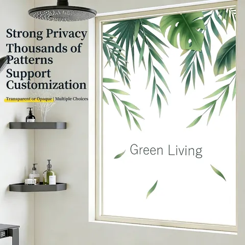 Frosted Window Privacy Film Tropical Monstera Leaf Pattern Static Cling Glass Sticker Heat Control UV Blocking Decorative Home Film