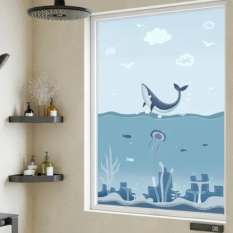 Blue Ocean Cartoon Whale Window Privacy Film Static Cling Frosted Glass Sticker Waterproof Non-Adhesive Heat Insulation Decoration