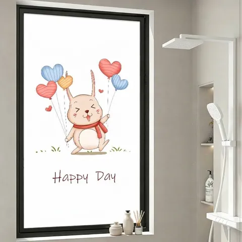 Frosted Glass Window Film Static Cling Privacy Protection Sticker Cartoon Rabbit Heart Pattern PVC Non Adhesive Film For Bedroom Bathroom Home Decor