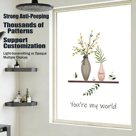 Film Occultant pour Fenêtre Dépoli Adhésion Statique Sans Colle Autocollant de Vitrage Dessin Animé Plantes en Pot Feuilles Lettres Salle de Bain Maison Décoration
