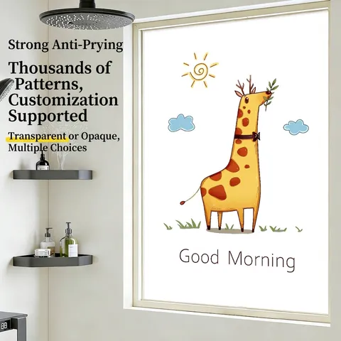 Frosted Privacy Window Film Cartoon Giraffe Static Cling Non-Adhesive Bathroom Glass Sticker Sun Protection Decorative Film