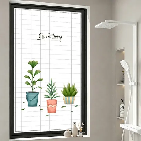 Cartoon Plant Green Leaf Frosted Glass Window Sticker Static Cling Privacy Protection Film For Bathroom Bedroom Home Decoration