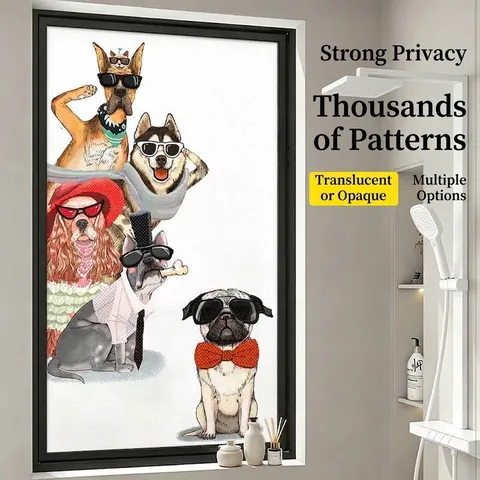 Trendy Cartoon Dog Frosted Privacy Window Sticker Static Cling Glass Film Non-Adhesive For Bathroom Window Glass Door Home Decor