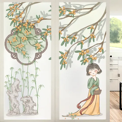 Statische Kleefkracht Gematteerde Glasfolie Privacyfolie Voor Badkamer Schuifdeur Chinese Stijl Hanfu Meisje Bamboe Patroon Raamsticker