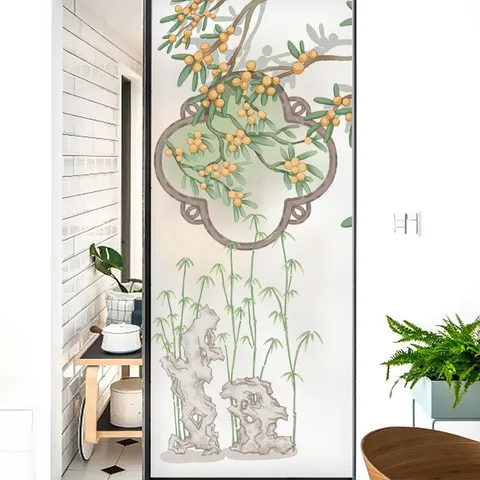 Statische Kleefkracht Gematteerde Glasfolie Privacyfolie Voor Badkamer Schuifdeur Chinese Stijl Hanfu Meisje Bamboe Patroon Raamsticker