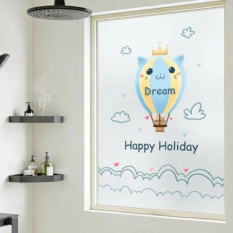 Cartoon Cat Hot Air Balloon Window Sticker Frosted Static Cling Privacy Film Decorative Glass Decal For Home Office Bathroom