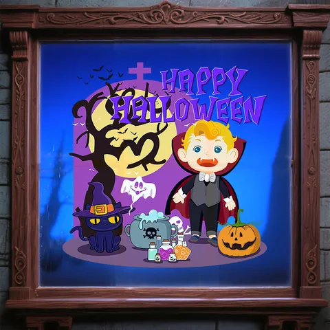 Halloween Static Cling Window Stickers Vampire Black Cat Pumpkin Cartoon Removable Glass Decals For Festive Shop Showcase Home Decor