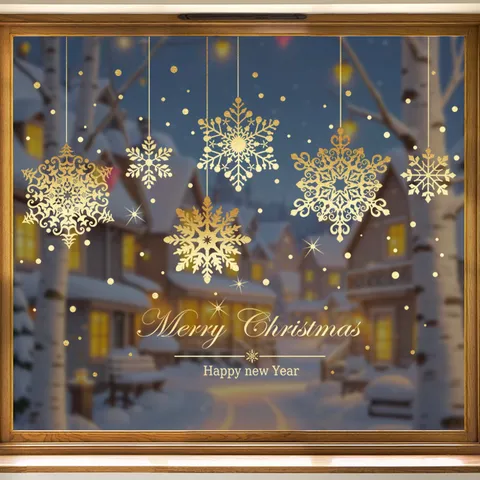 Gouden Sneeuwvlok Hanger Raamfolie Kerst Nieuwjaar Feestelijke Atmosfeer Statische PVC Glas Deur Stickers Voor Winkel Etalage Decoratie