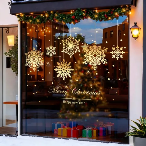 Gouden Sneeuwvlok Hanger Raamfolie Kerst Nieuwjaar Feestelijke Atmosfeer Statische PVC Glas Deur Stickers Voor Winkel Etalage Decoratie