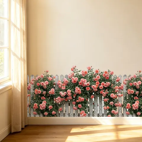 Rose Floral Plants Fence Wall Sticker Waterproof Self Adhesive PVC Skirting Line Wall Decal For Kindergarten Home Decor