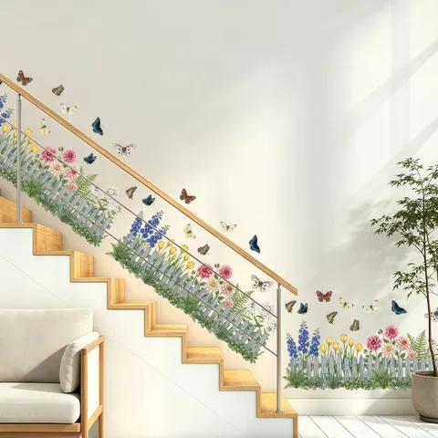 Flower Butterfly Fence Wall Stickers PVC Waterproof Self-Adhesive Wall Decals For Kids Room Kindergarten Home Decor Watercolor Style