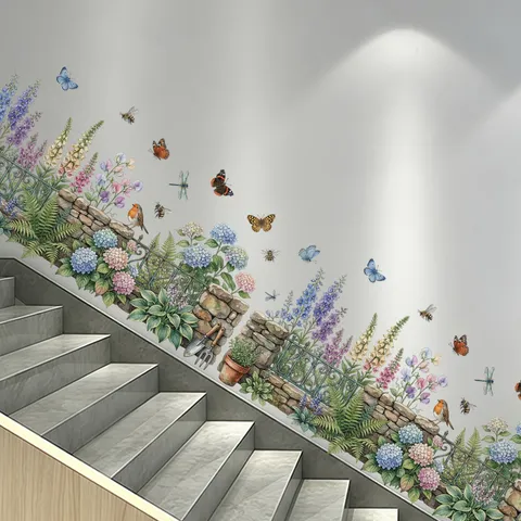 Pegatina Pared Jardín Mariposa Abeja Libélula Flor PVC Impermeable Removible Calcomanía Decorativa Línea Zócalo Para Cuarto Niños Guardería