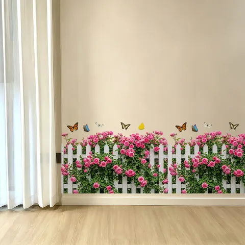 Pastoral Rose Butterfly Fence Wall Sticker PVC Self Adhesive Baseboard Decor For Kindergarten Classroom Corridor Home