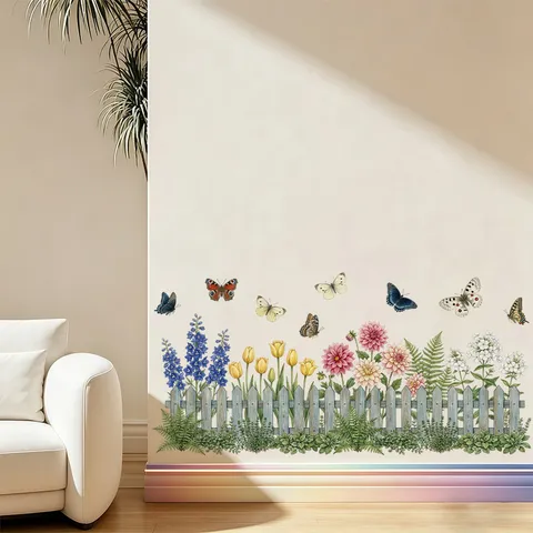 Flower Butterfly Fence Wall Stickers PVC Waterproof Self-Adhesive Wall Decals For Kids Room Kindergarten Home Decor Watercolor Style
