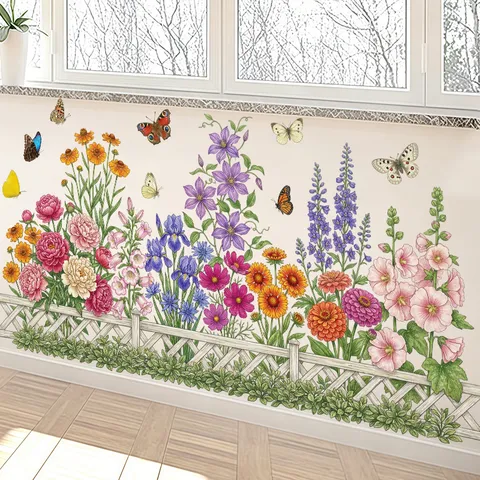 Floral Butterfly Fence Skirting Line Wall Stickers Self Adhesive PVC Waterproof Decals For Nursery Classroom Home Decor