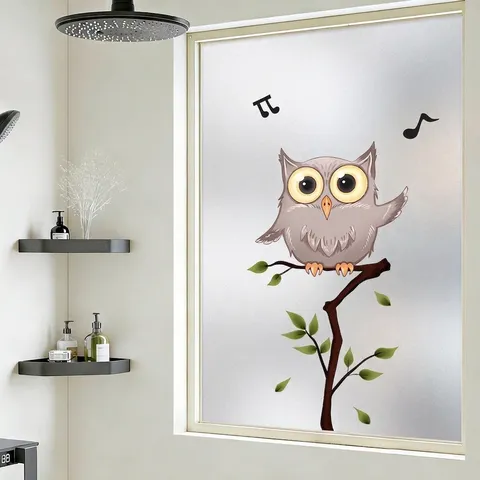 Owl Cartoon Window Film Frosted Glass Sticker Static Cling Privacy Cling Bathroom Decor Privacy Protection Non-Adhesive Window Film