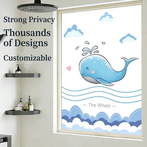 Cartoon Whale Frosted Glass Window Film Static Cling Privacy Protector Waterproof Sunscreen Decorative Sticker For Home Bathroom Kitchen