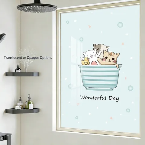 Cartoon Cat Bathroom Privacy Window Film Static Cling Frosted Glass Sticker For Home Office Bathroom Window Decor Wonderful Day Cat Pattern