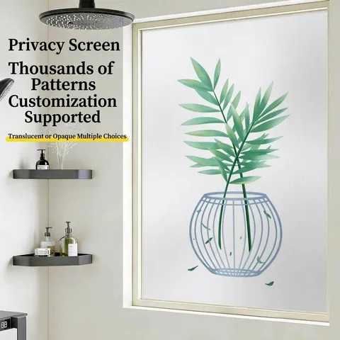 Bamboo Leaf Window Privacy Film Frosted Static Cling Glass Sticker Sun Protection Translucent Green Plant Pattern For Bathroom Home
