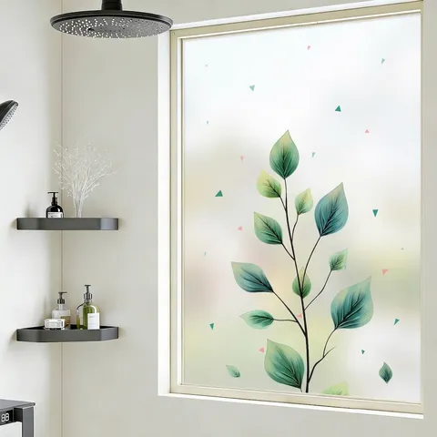 Frosted Privacy Window Film Static Cling Glass Sticker Green Leaf Pattern Sunshade Decorative Film For Bathroom Home Decor