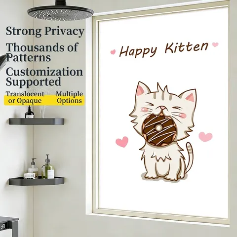 Frosted Glass Window Film Privacy Protection Static Cling Bathroom Sticker Cartoon Cat Donut Pattern Anti-UV Glass Decal