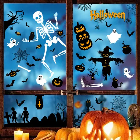 Halloween Fensterbilder Kürbis Geist Fledermaus Skelett Statische Aufkleber PVC Glas Deko Für Festliche Party Zuhause Geschäft 8er Set